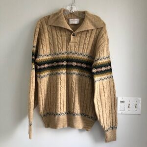 Vintage 70'S-80'S Jantzen Beige Fair Isle Pattern Collared Pullover Knit Sweater